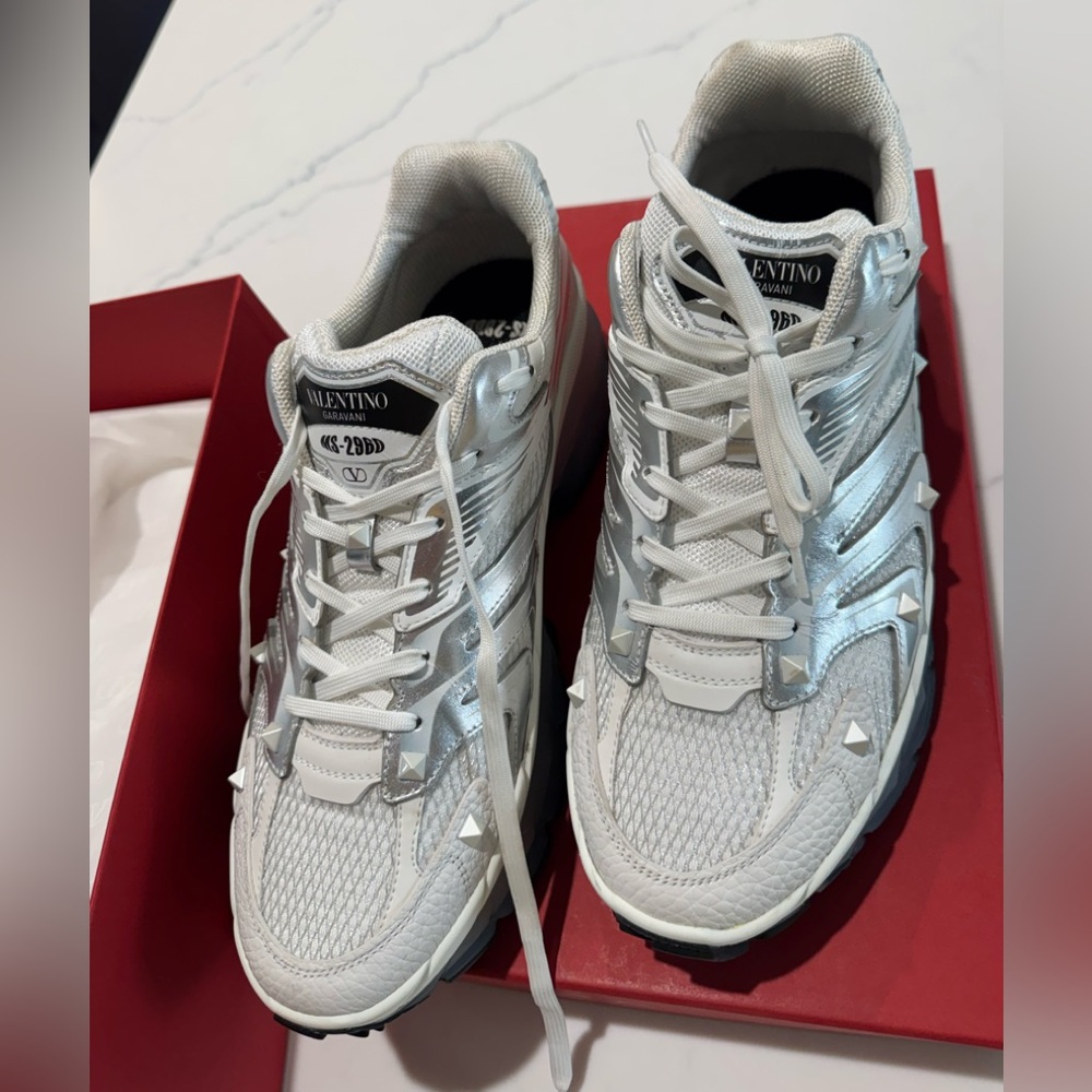 Valentino Garavani MS-2960 Metallic Silver and White Studded Sneakers